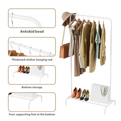 Small White Clothing Rack, Freestanding Metal Garment Rack with Bottom Shelf, Stable Clothes Rack for Small Spaces, Bedroom, Dorm, Apartment, 92LBS Capacity - color: White /1-Unit