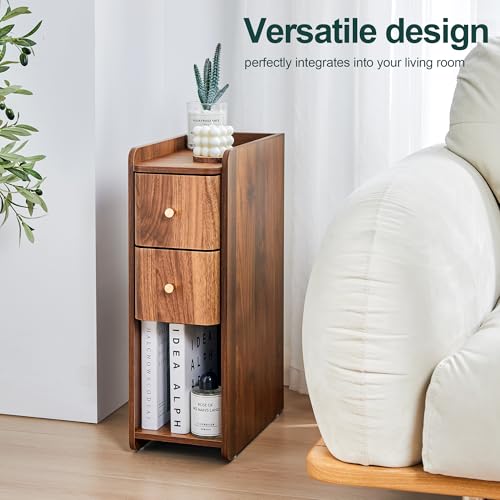 Narrow End Table Bedroom, Wooden Small 2 Drawer Nightstand, Thin Couch Side End Table, Skinny Bedside Table Small Spaces, Mid Century Modern Night Stand with Drawers (Walnut-1 pc) - color: Walnut-1 Pc
