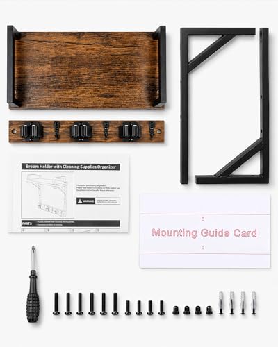 Lorbro Broom Holder Wall Mount with Cleaning Supplies Storage, Heavy Duty | 3 in 1 Broom and Mop Organizer Wall Hanging, Wooden Mop Organizer Hanger, Storage Shelves for Laundry Room, Garage - size: Medium