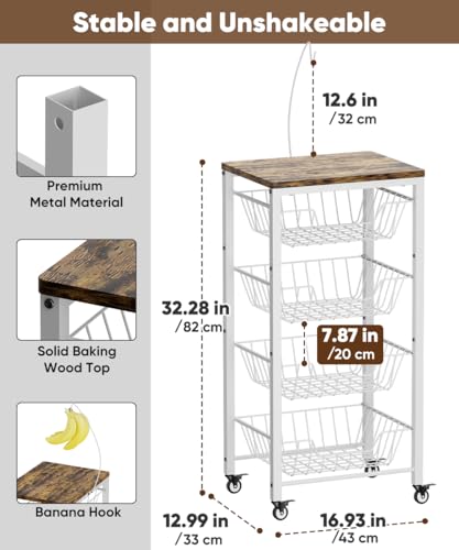 Fruit Vegetable Storage Cart for Kitchen, 5-Tier Vegetable Stand Rack with Pull-Out Fruit Baskets, Rolling Snack Cart with Wood Top & Banana Holder for Pantry, Living Room, Bathroom, White - style: White