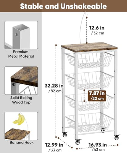Fruit Vegetable Storage Cart for Kitchen, 5-Tier Vegetable Stand Rack with Pull-Out Fruit Baskets, Rolling Snack Cart with Wood Top & Banana Holder for Pantry, Living Room, Bathroom, White - style: White
