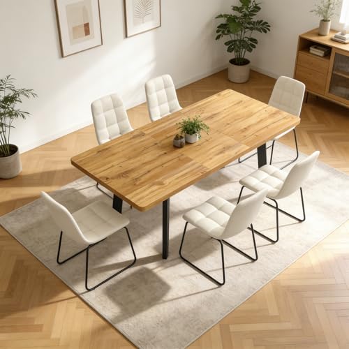 Extendable Dining Table Set for 4 to 8 People, 47.2" to 63" Modern Kitchen Table Set with 6 Chairs, MDF Dining Room Table and Chairs with Removable Extension Leaf (Walnut Table+U-Shaped White Chairs) - color: 47.2'' - 63'' Walnut Table+6 U Beige Chairs