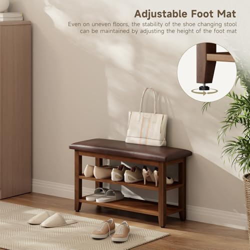Shoe Bench with Leather Cushion,Rubberwood Bench with Shoe Rack | 2-Tier Shoe Storage Organizer for Entryway,Hallway,Living Room - size: 2-Tier-31.5"
