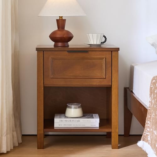 Nightstand with Drawer and Storage Shelf, Solid Wood Sofa Side End Table | Malaysian Rubberwood, 19.3 inch Wide Tabletop, 1.6" Thick Solid Wood Legs, Modern Country Rustic, for Bedroom, Walnut - color: Walnut, size: 1 Pack