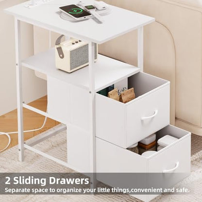 Somdot End Table with Charging Station, Narrow Side Table with 2 Fabric Drawers, Skinny Nightstand with Storage, Small Slim Bedside Table for Living Room, Sofa, Bedroom, Couch, White Leather - color: White Leather