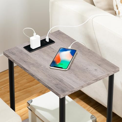 HOOBRO Side Table with Charging Station, Set of 2 End Tables with USB Port and Outlets, Nightstand with 2-Layer Storage Shelves for Small Spaces, Living Room, Bedroom, Greige and Black BG09UBZP201 - color: Greige + Black