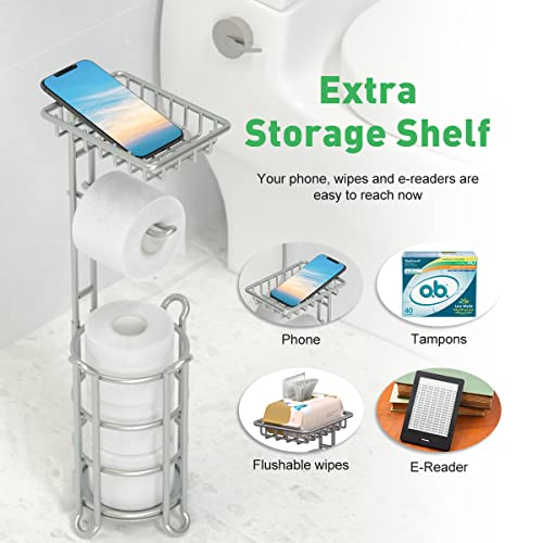 Toilet Paper Holder Stand Bathroom Tissue Dispenser Holders Rack Free Standing with Extra Shelf Storage Mega Rolls/Phone/Wipe - Silver - color: B-silver