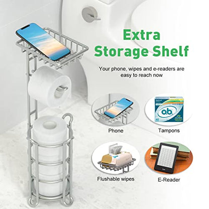 Toilet Paper Holder Stand Bathroom Tissue Dispenser Holders Rack Free Standing with Extra Shelf Storage Mega Rolls/Phone/Wipe - Silver - color: B-silver