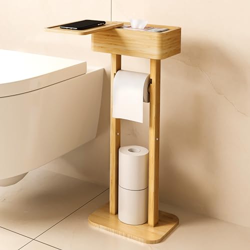 4-in-1 Bamboo Toilet Paper Holder Stand with Storage Shelf Box | 360° Rotating Bamboo Free Standing Toilet Tissue Roll, Toilet Wipes Dispenser Organizer Desktop for Modern Bathroom Organizer - color: Natural