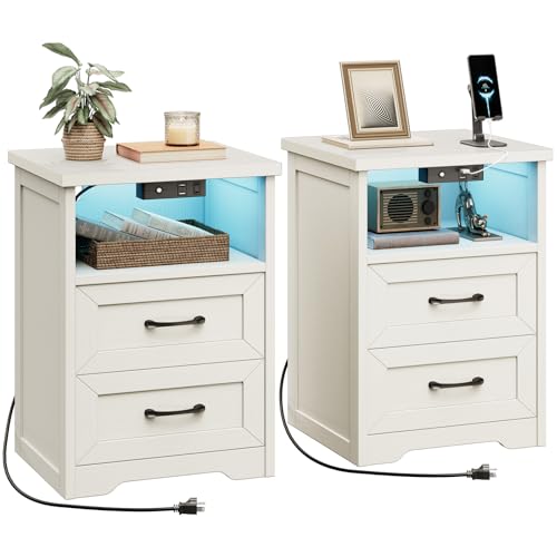 AODK Farmhouse Nightstand Set of 2, Bedside Tables with Charging Station & LED Lights, End Tables with Two Drawers and Open Storage, Rustic Bed Side Tables for Bedroom, Rustic White - color: Rustic White