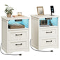 AODK Farmhouse Nightstand Set of 2, Bedside Tables with Charging Station & LED Lights, End Tables with Two Drawers and Open Storage, Rustic Bed Side Tables for Bedroom, Rustic White - color: Rustic White