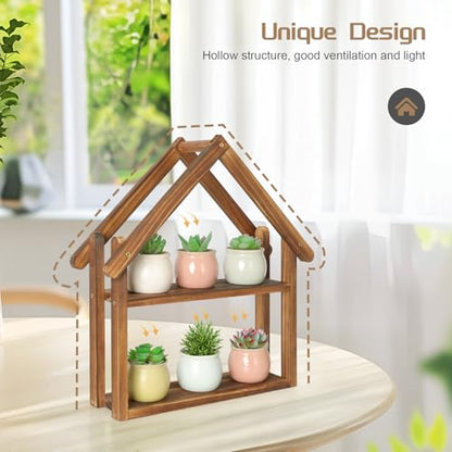 Jotsport Small Windowsill Plant Stand Desktop Succulents Holder | House Shaped Display Stand 2 Tier Wooden Plant Shelf for Kitchen Living Room Office