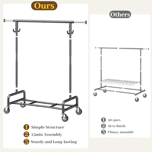 Raybee 75"W Heavy Duty Clothes Rack 450 LBS Rolling Garment Rack with Shelf | Expandable, Height Adjustable, Tool-free Assembly, 360° Lockable Wheels, Rolling Clothing Rack for Bedroom Laundry Room - color: Black, style: Rod Shelf