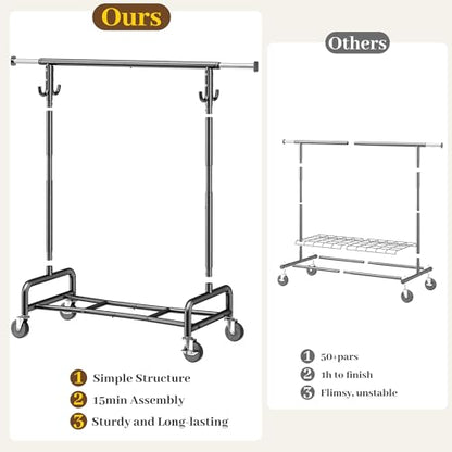 Raybee 75"W Heavy Duty Clothes Rack 450 LBS Rolling Garment Rack with Shelf | Expandable, Height Adjustable, Tool-free Assembly, 360° Lockable Wheels, Rolling Clothing Rack for Bedroom Laundry Room - color: Black, style: Rod Shelf