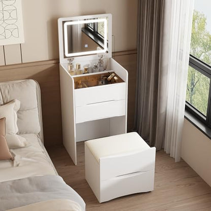 FUFU&GAGA Vanity Desk with Flip Top Mirror and Lights, Small Makeup Vanity Set with Glass Shelf, Space Saving Dressing Table with 3 Drawers & Cushion Stool for Bedroom, White 18.7”W x 15.7”D x 47.2”H