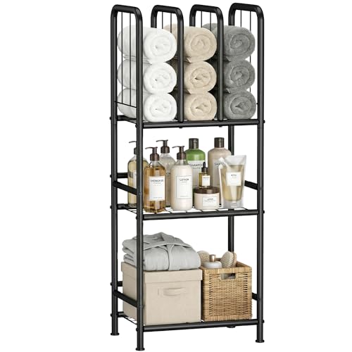 3 Tier Towel Racks for Bathroom with Dividers, Free Standing Metal Towels Holder Stand with Shelf, Towel Storage Organizer Bathroom Shelf, Metal Shelving Unit, Pool Towel Rack, Black
