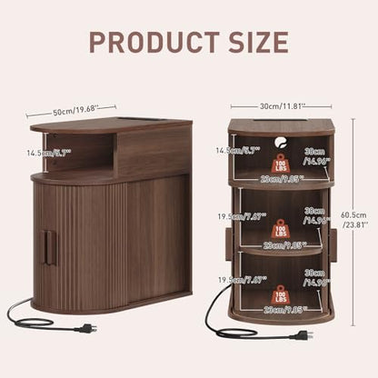 RALGEND Narrow End Table with Charging Station, Fluted Sofa Side Table with Sliding Curved Door and Storage Shelf, Mid-Century Bedside Table, Modern Nightstand for Living Room, Bedroom, Walnut - color: Walnut