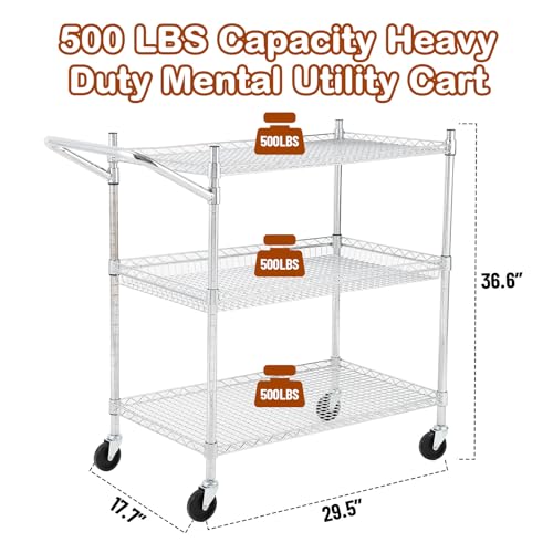 TrailBlaze Kitchen Utility Cart, 3-Tier Wire Rolling Utility Cart, Stainless Steel Service Cart w/Wheels and Adjustable Storage Rack Handle - for Laundry, Garage, Bathroom - Low Handle - size: 3-Tiers low handle