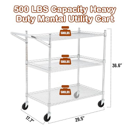 TrailBlaze Kitchen Utility Cart, 3-Tier Wire Rolling Utility Cart, Stainless Steel Service Cart w/Wheels and Adjustable Storage Rack Handle - for Laundry, Garage, Bathroom - Low Handle - size: 3-Tiers low handle