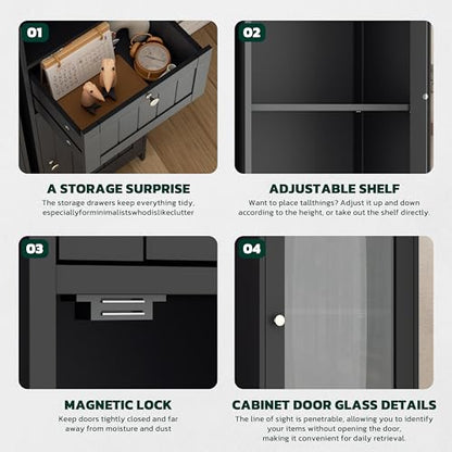 Greenvelly 67" Tall Bathroom Storage Cabinet, Narrow Freestanding Storage Unit with Magnetic Door, Drawer & Adjustable Shelves, Anti-Tip Floor Cabinet for Bathroom, Living Room, Black