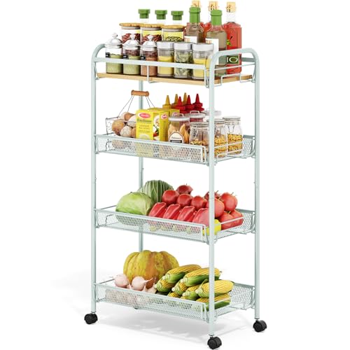 TOOLF 4-Tier Rolling Cart, Metal Utility Cart, Slide Out Storage Cart with Wooden Tabletop and Mesh Baskets for Narrow Space on Kitchen Bathroom Laundry Room Bedroom Apartments Dormitory (Green, Wide) - size: Wide, style: Green