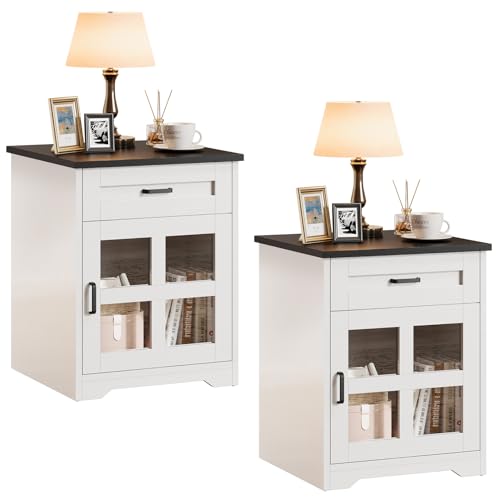 Farmhouse End Table Set of 2, 18" Square Side Table with Drawer and Barn Door Storage, Wood Couch Side Table for Living Room, Bedroom, White - size: 2PCS