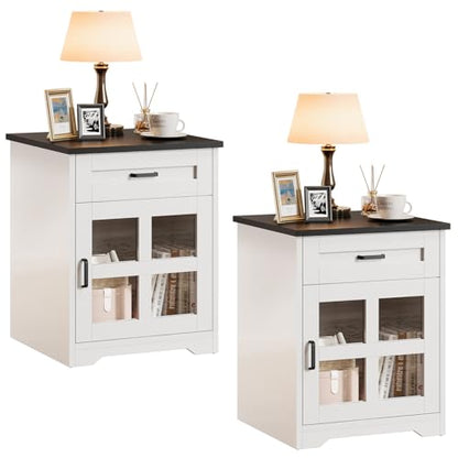 Farmhouse End Table Set of 2, 18" Square Side Table with Drawer and Barn Door Storage, Wood Couch Side Table for Living Room, Bedroom, White - size: 2PCS