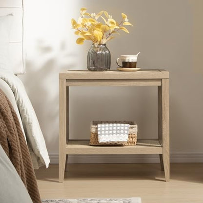 SICOTAS Rattan Nightstand Bedside Table - Farmhouse Boho Narrow Accent End Table with 2 Open Rattan Shelves for Bedroom, Living Room, Small Spaces - Light Oak - color: Reclaimed Light Oak, size: 1 Piece