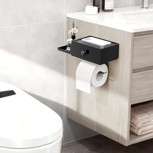 Lifewit Plastic Toilet Paper Holder with Shelf and Drawer, Screw or Adhesive Wall Mount Tissue Roll Storage, Sturdy Bathroom Wipes Dispenser Organizer, Black, 1 Pack - color: Black