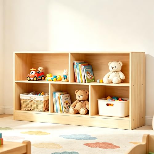 Montessori Toy Storage Organizer,Rubber Wood Kids Storage Bookshelf with 5 Compartments,Wooden Kids Storage Bookcase Cabinet for Toddler Playroom, Bedroom (Natural, 2-Tier, Rectangular-Medium)