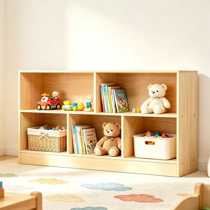 Montessori Toy Storage Organizer,Rubber Wood Kids Storage Bookshelf with 5 Compartments,Wooden Kids Storage Bookcase Cabinet for Toddler Playroom, Bedroom (Natural, 2-Tier, Rectangular-Medium)
