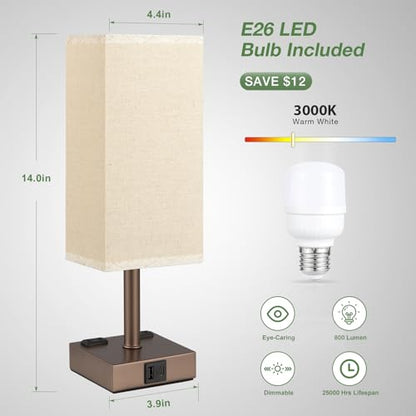 Brown Touch Lamps Set of 2 for Bedroom - Dimmable, USB C+A, 2 AC Outlets | 3-Way Dimming, 3000K LED Bulbs Included, Square Beige Lampshade Brown Base, Small Bedside Lamp for Nightstand, Desk, Dorm - color: Brown
