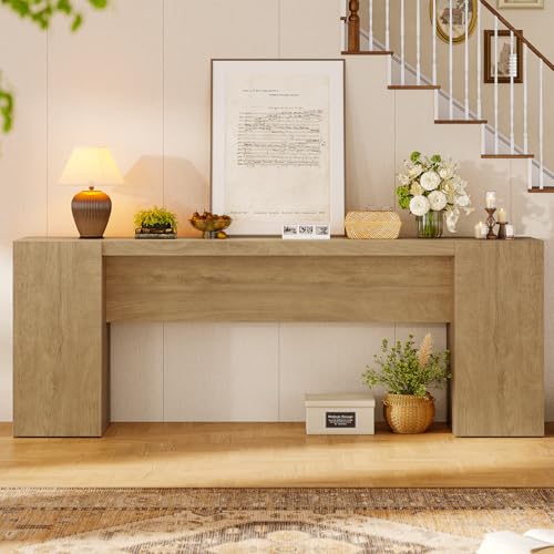 70.9-Inch Extra Long Console Table with 2 Storage Cabinet, Wood Sofa Table Behind Couch, Accent Entryway Table with Double Base for Living Room Hallway Foyer Entrance (Natural Oak)