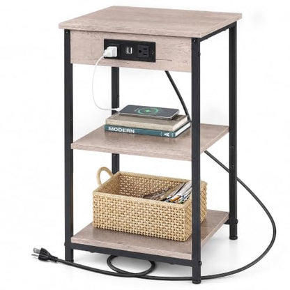 WLIVE Grey End Table with Charging Station, Small Night Stand | Side Tables with Storage Adjustable Shelf for Small Spaces; Bedside Tables for Living Room, Bedroom - color: Grey