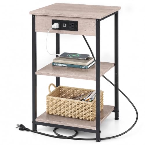 WLIVE Grey End Table with Charging Station, Small Night Stand | Side Tables with Storage Adjustable Shelf for Small Spaces; Bedside Tables for Living Room, Bedroom - color: Grey