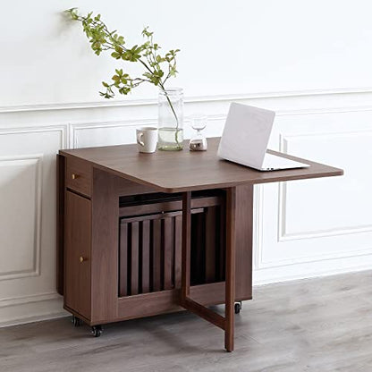 Drop Leaf Folding Dining Table with Storage, Wheels, Space Saving | Foldable Design, 18mm Thick Plywood, 300lbs Capacity, Locking Wheels, Farmhouse, for Living Room Kitchen Small Spaces, Walnut - color: Walnut