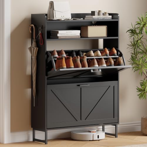 Xixini Shoe Storage Cabinet with 2 Flip Drawers, Entryway Shoe Rack, Black | Narrow Slim Shoe Storage, Freestanding Hidden Wood Shoe Organizer, Modern Farmhouse, Open Storage & Hooks for Closet, Hallway - color: Black, size: 2 Flip Drawers
