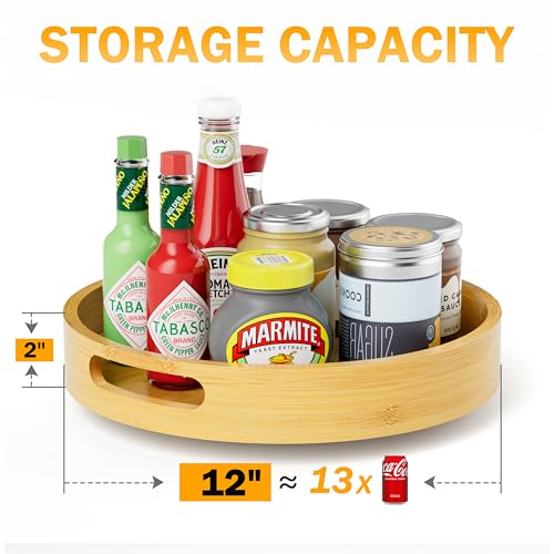 Lazy Susan Organizer Homerays 12 Inch Non-Skid Bamboo Lazy Susan for Kitchen Rotating Spice Rack with Handles, Wood Turntable for Kitchen Cabinet,Countertop (Bamboo, Medium) - size: 12" High Rim Bamboo
