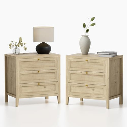 3 Drawer Nightstand Set of 2, Farmhouse Large Bedside End Table with Charging Station, Mid Century Wood Night Stand for Sofa, Bedroom, Light Oak - color: Light Oak, size: 2 PCS (3 Drawers)