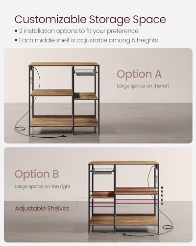 VASAGLE Baker's Rack, Coffee Bar Stand with Charging Station, 35.6 Inches Tall, Storage Shelves, Pull-Out Wire Basket, Table for Microwave, Kitchen, Honey Brown and Ink Black UKKS036K41 - color: Honey Brown + Ink Black, style: With Power Outlet