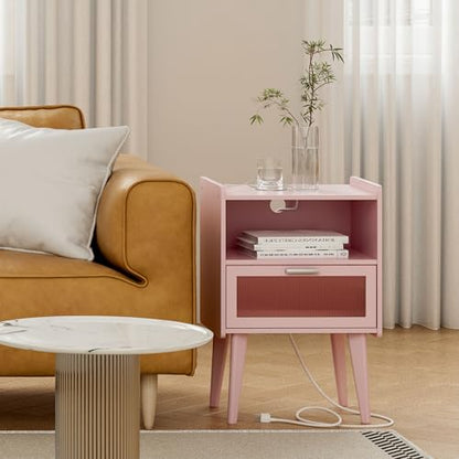 MMEOLUOOK Nightstand with Charging Station, Bedside Tables Pink End Table Side Table with 2 Tiers Storage Space, for Bedroom Living Room MLBZ07PE - color: Pink