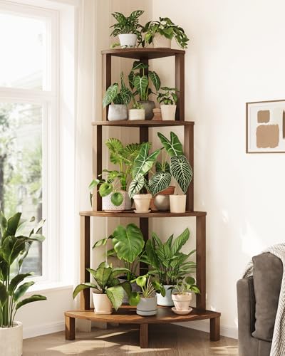 Bamworld Corner Plant Shelf 4-Tier Plant Stand Indoor Wood Plant Rack | 66 Inch Tall Shelves Garden Decor for Living Room Balcony - color: Brown