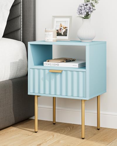 Night Stand,Modern Bedside Table with Drawer and Shelf,Blue Night Stand with Gold Frame,Small Side Table for Bedroom,Living Room - color: Blue