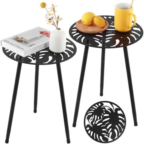 Metal Outdoor Side Tables Set of Two Small Outside Round End Table for Patio Modern Accent Garden Corner Table for Small Spaces, Balcony, Porch, Weather-Resistant, Plant Stand Indoor, Black - color: Black, style: 2 packs/ 13.4 in
