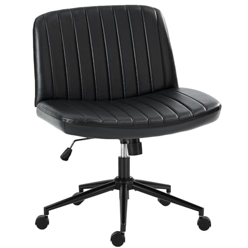 OLIXIS Criss Cross Chair with Wheels, Vanity Chair, Home Office Desk | Wide Seat Armless, Faux Leather, Height Adjustable Swivel Rolling, Home Computer Task Seating for Bedroom Study, Black PU - color: Black Pu