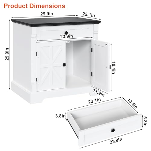 Farmhouse Printer Stand with Storage, 29.9" Wide Home Office Printer Cabinet with Drawer & Barn Doors, Wood Accent Cabinet Nightstand End Table for Living Room Bedroom, Black Top & White Finish