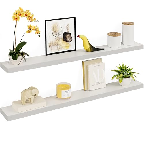 Ballucci Floating Shelves, 55" Wood Wall Shelf Set of 2, with Invisible Brackets for Bathroom, Living Room, Bedroom, Kitchen, Nursery, 6" Deep, White - color: White, size: 55.1 inches