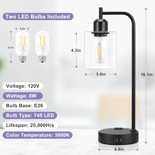 Industrial Touch Lamps for Nightstand Set of 2, 3-Way Dimmable Bedside Lamp | Glass Shade, USB C+A Charging Port & Outlet, Black Desk Lamps for Bedroom, Living Room, Home Office, Reading - color: A-Clear