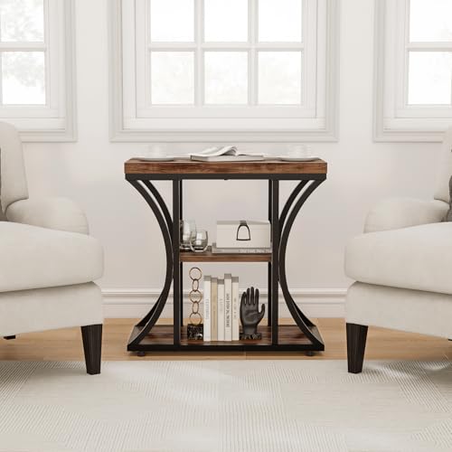 3 Tier End Table with Storage, Narrow End Table for Living Room and Bedroom, Small Space Wood and Metal Side Table, Rustic Brown - color: Rustic Brown