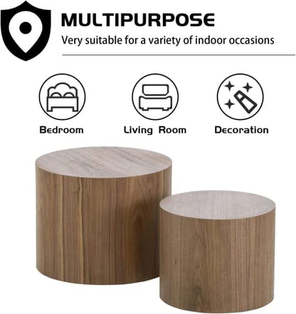 Round Coffee Table Set of 2, Nesting Coffee Table and End Table Set Wood Small Circle Drum Side Table for Living Room Office, No Assembly,Walnut - color: Walnut